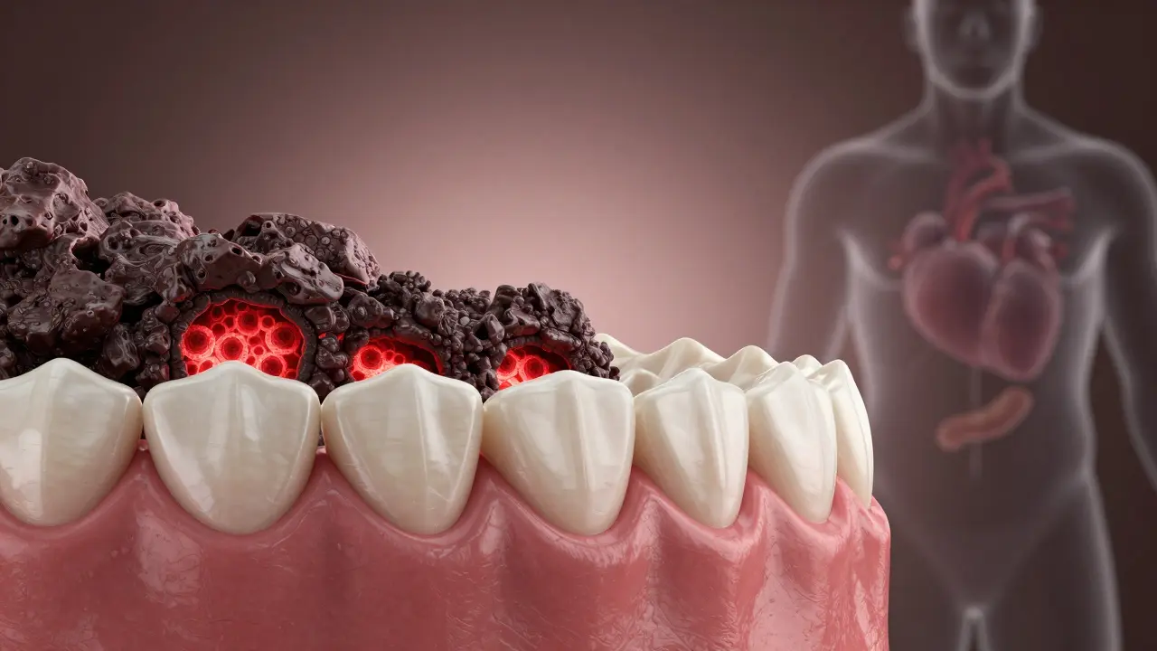 Kámen pod dásními s bakteriemi a spojení s celkovým zdravím těla.