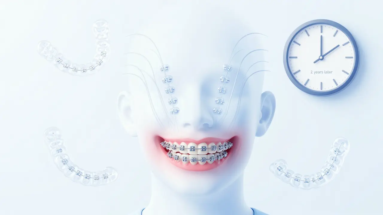 Konceptuální obraz přechodu od rovnátek k čistým zubům s lehce zvolna mizícími kovovými prvky a retentorem.