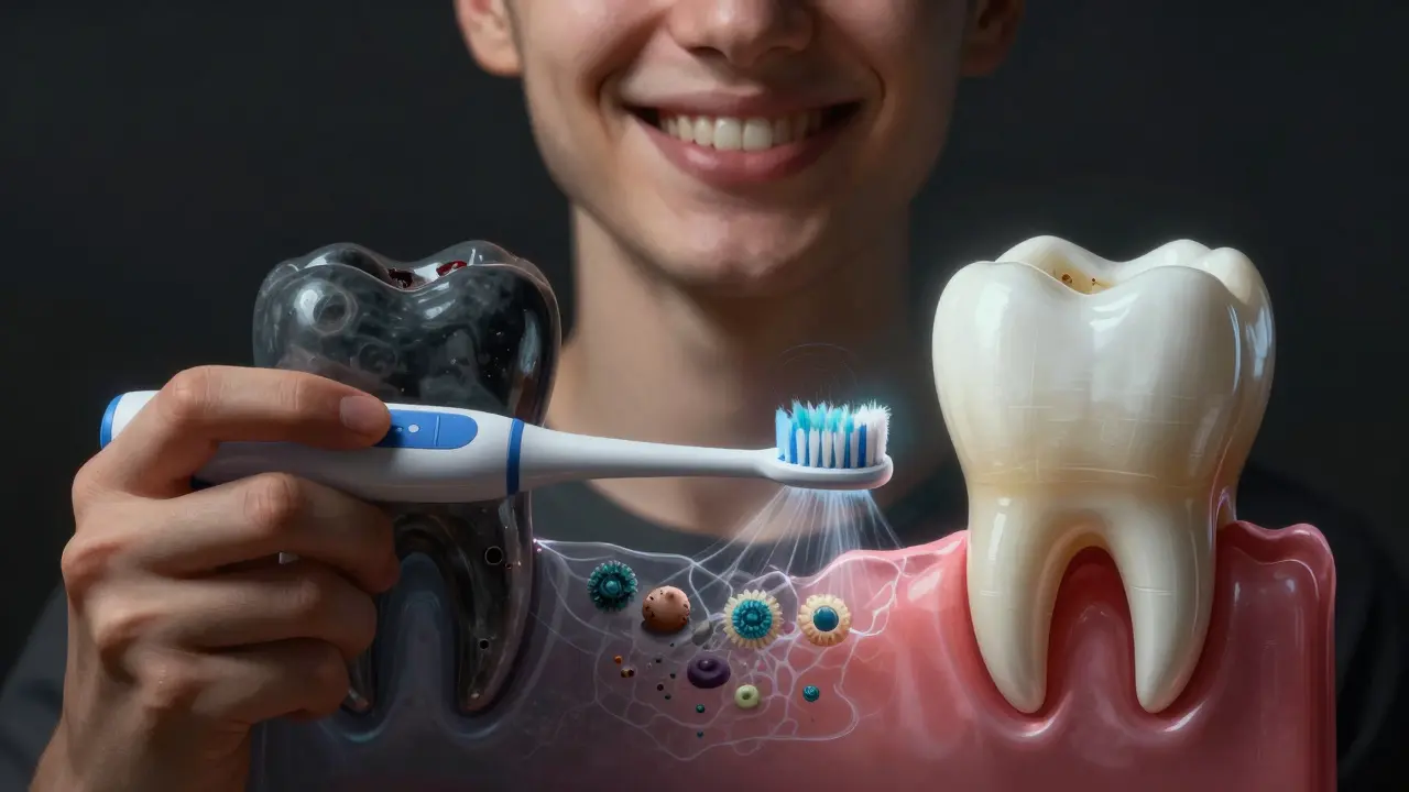 Kontrast mezi zdravým a poškozeným zubem při použití ultrazvukového čističe.