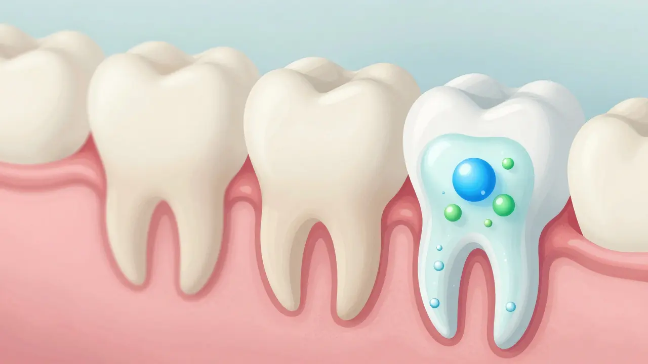 Křížový řez zubu s mikroskopickými kanálky, které absorbuje hydratační gel.