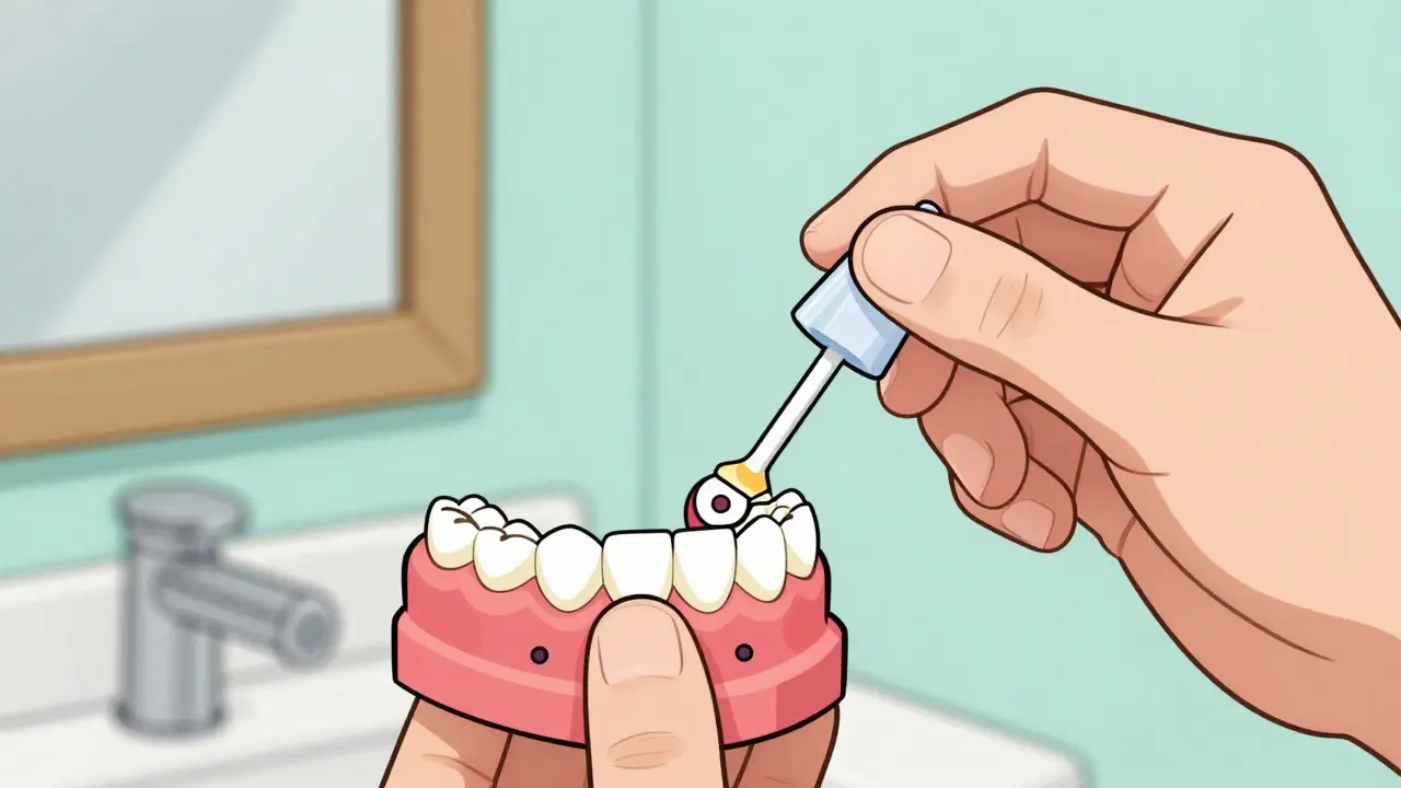 Nanášení malých kapek lepidla na horní a dolní náhradní zuby