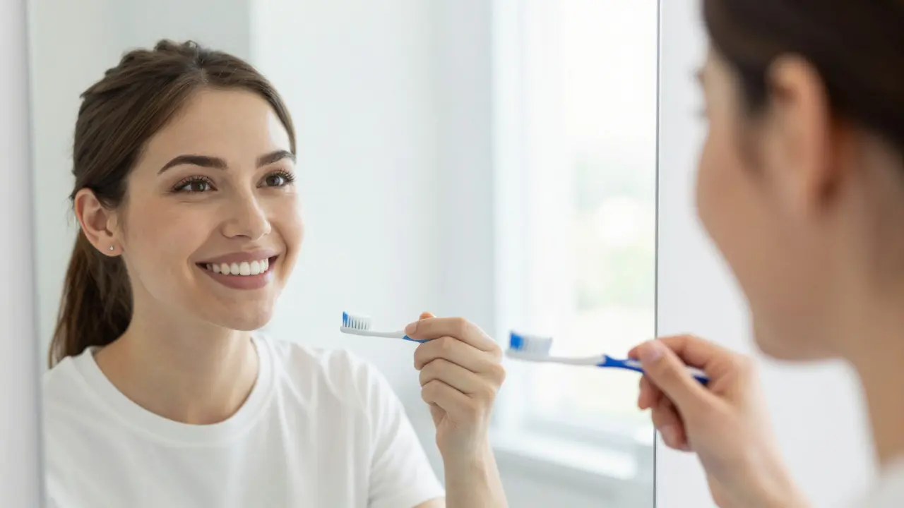 Osoba se směje do zrcadla s zdravými zuby a zubním kartáčkem.