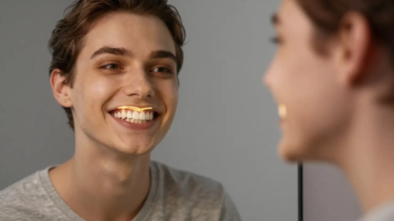 Osoba se smířem v zrcadle, kde se její nové fazety září jako symbol přeměny.