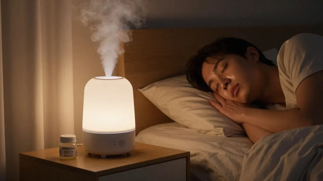 Osoba spí v pokoji s vlhčičkou vzduchu a hydratačním gelom na nočním stolku.