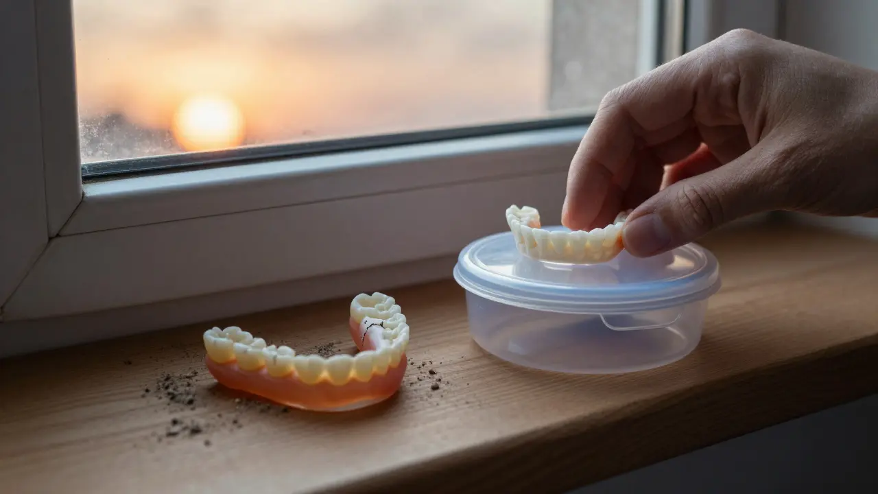 Porovnání poškozené a správně uložené nasazovací zuby na slunném okně.