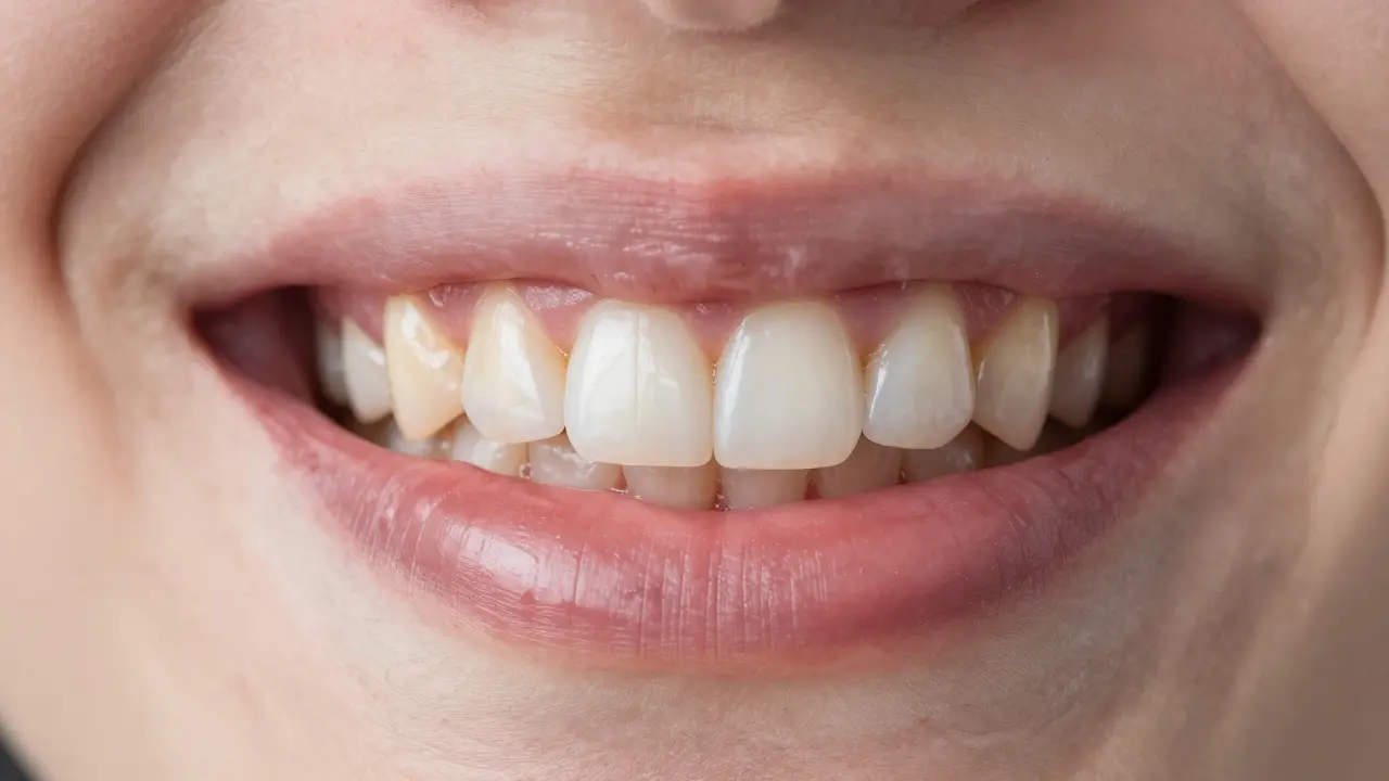 Porovnání poškozené plastové korunky a přirozeně vypadající keramické korunky.