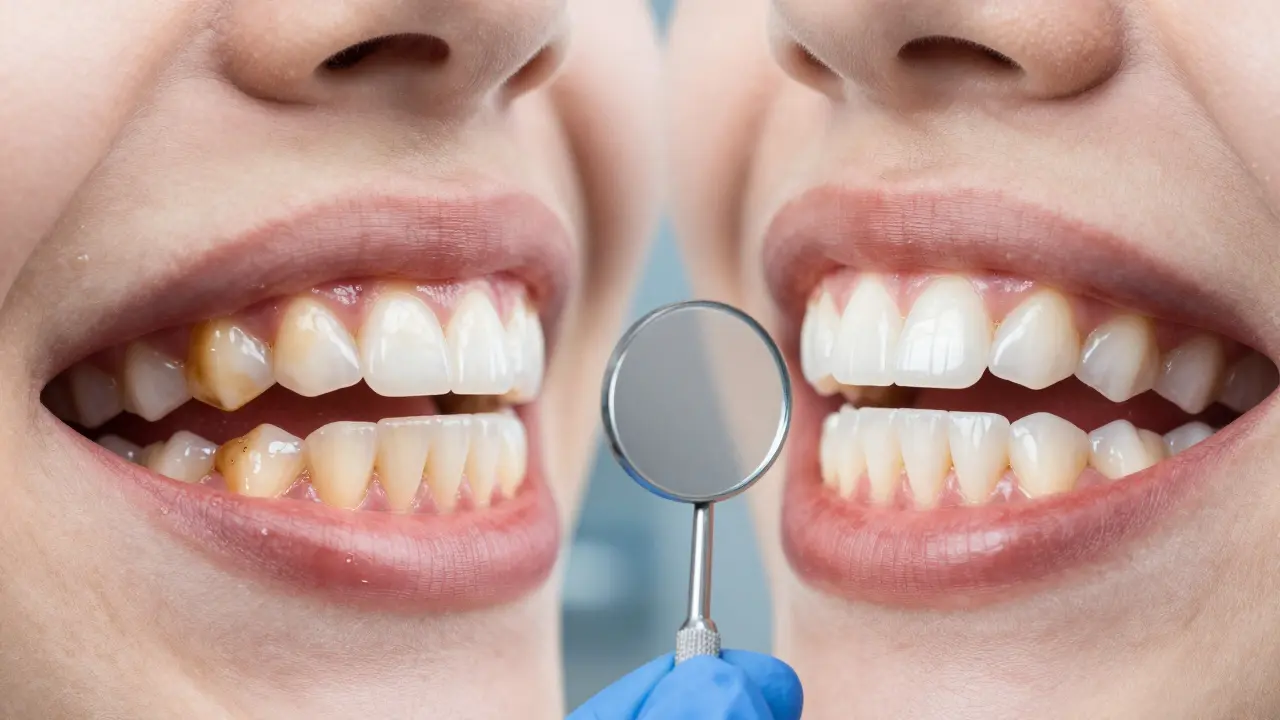 Porovnání zubů před a po bělení: tmavé, znečištěné zuby na jedné straně, jasnější a zdravé na druhé.