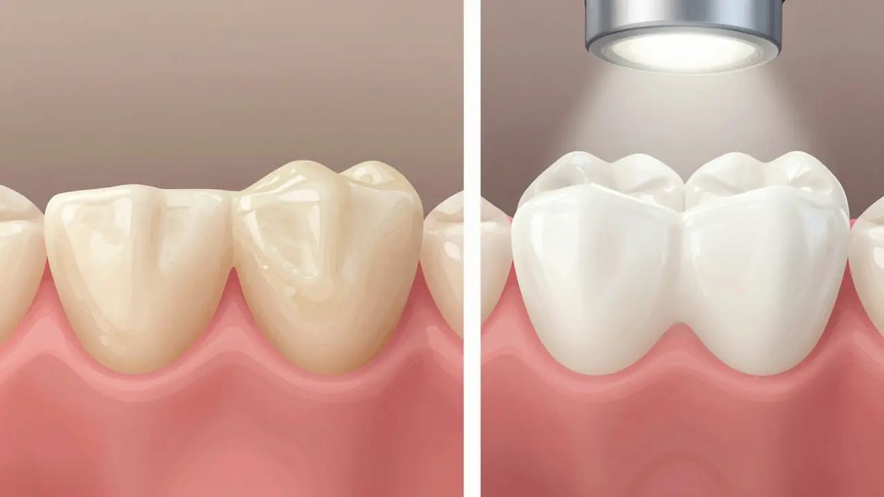 Porovnání zubu s zubním kamenem a po čištění — zřetelný rozdíl v barvě a hladkosti.