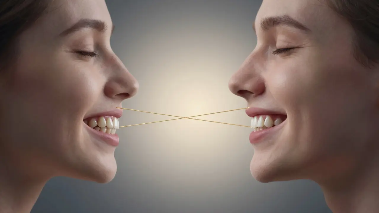 Přechod z nesprávného do rovného úsměvu, spojený zlatými vlákny, symbolizujícími ortodontickou úpravu.