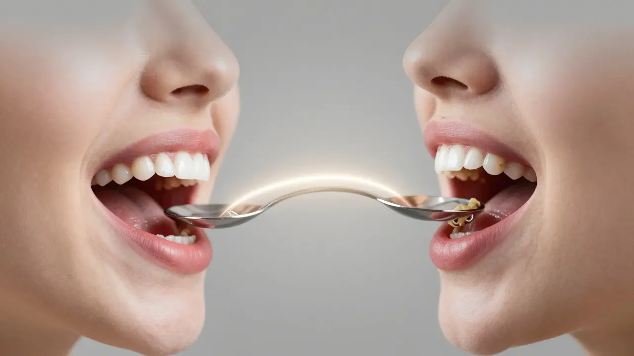 Rozdělený obraz zdravého a nezdravého ústního dutiny spojený proudem kokosového oleje, symbolizujícím přechod k čistotě.