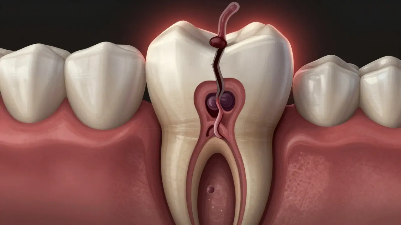 Rozštěpený zub s bakteriemi šířícími se do dřeně