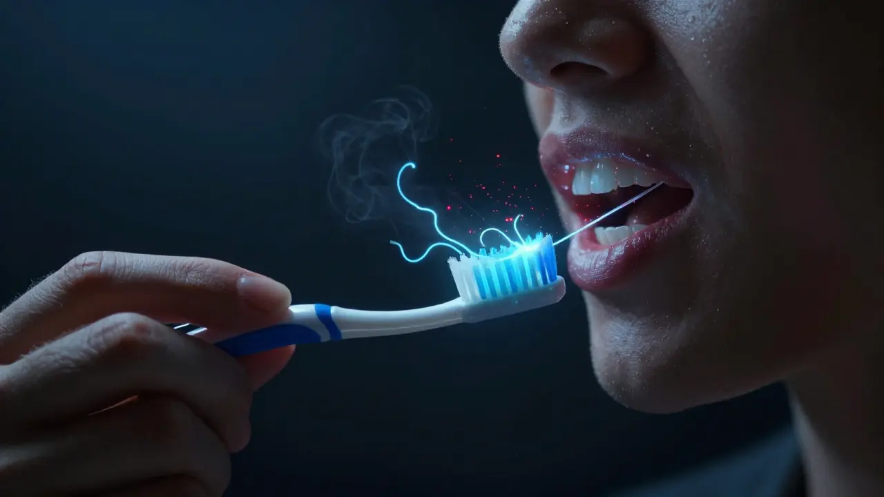 Ruka s kartáčkem a zubní nití, které odstraňují viditelné bakterie z úst.