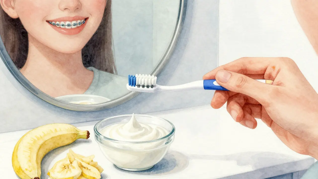 Ruka s ortodontickým kartáčkem čistí zuby s kovovými zámkovými prvky, vedle jsou měkké potraviny.