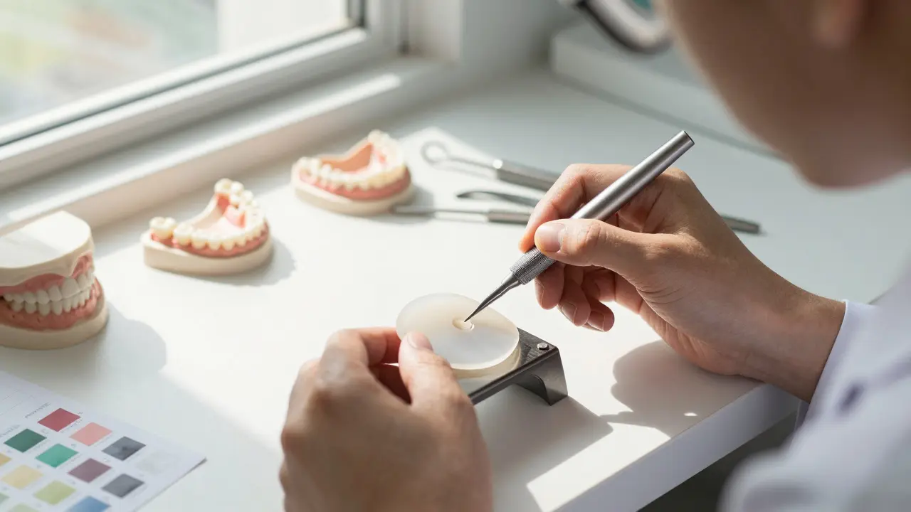Technik v zubní laboratoři připravuje tenkou keramickou fazetu s přesnými nástroji.