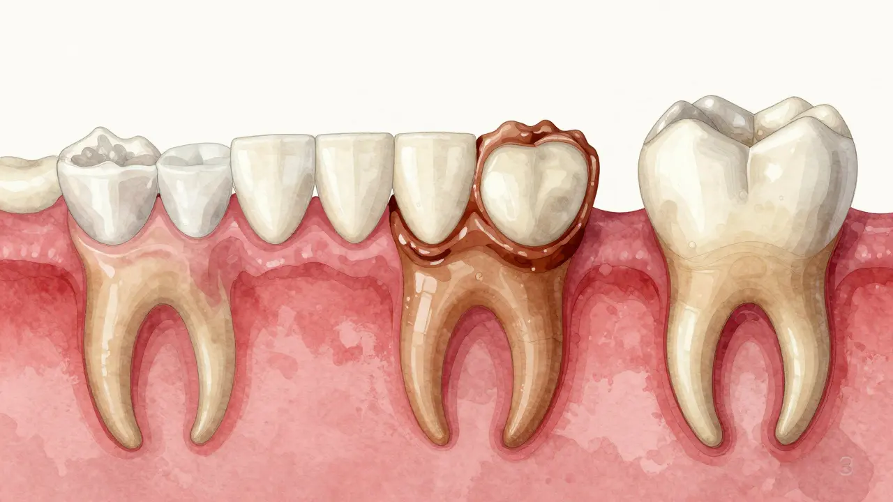 Tři fáze vývoje zubního plaku: čistý zub, zubní kámen a odstupující dásně.