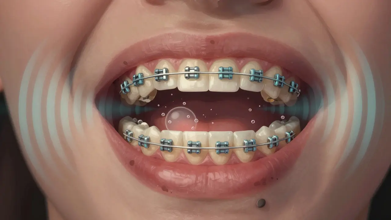 Ultrazvukové vlny odstraňují plak kolem braket a implantátů v ústech.