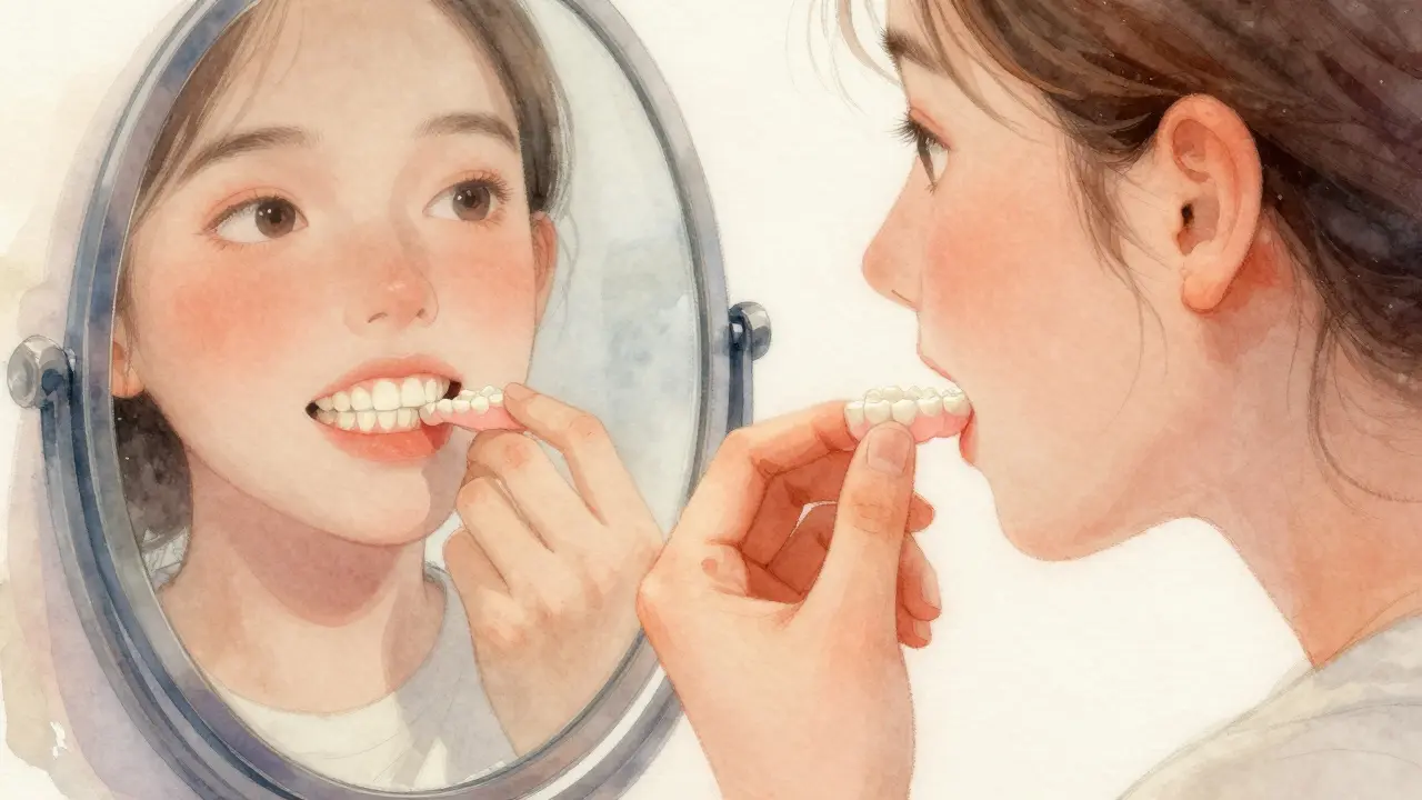 Vkládání náhradních zubů do úst s jemným stiskáním v zrcadle