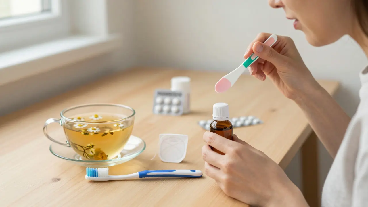 Žena pije bylinný čaj a používá čistidlo na jazyk, vedle ní jsou štětec a nit.