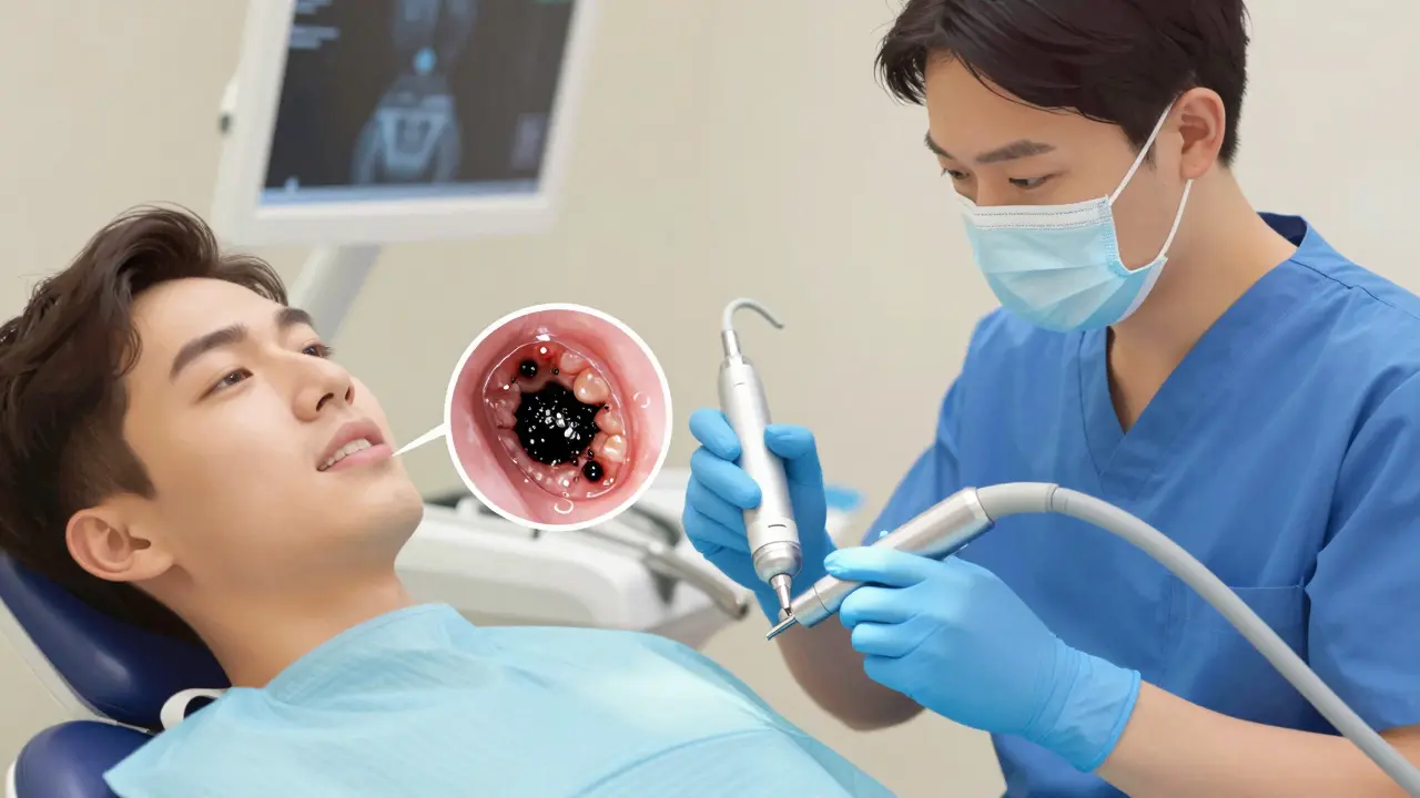 Zubní lékař odstraňuje zubní kámen pomocí ultrazvukového zařízení.