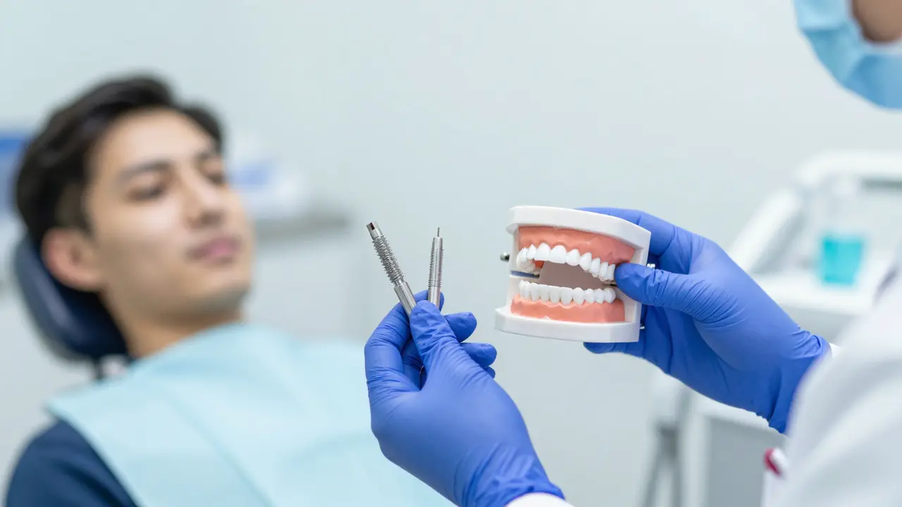 Zubní lékař ukazuje modely nalepovacích zubů a implantátů.