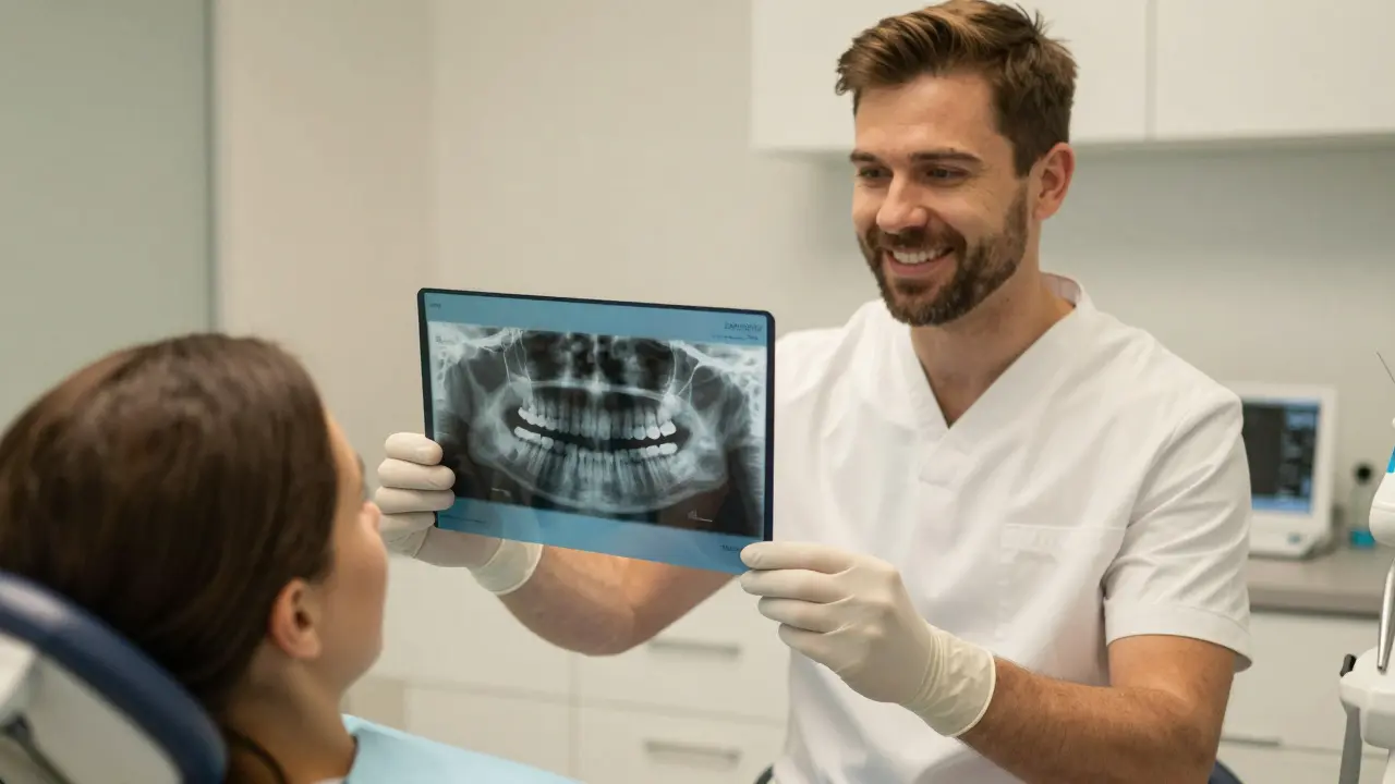 Zubní lékař ukazuje rentgenový snímek impaktovaných osmiček pacientovi.