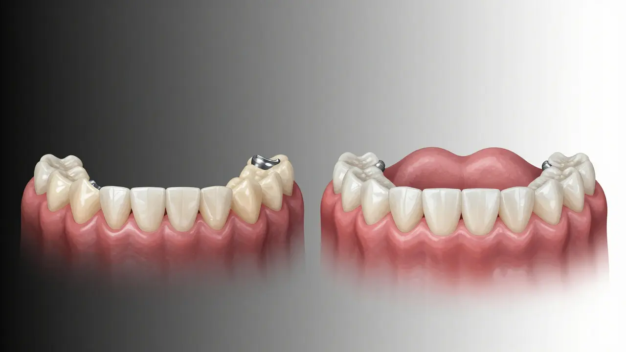 Before and after comparison of a damaged smile transformed into a full, natural-looking reconstructed smile.