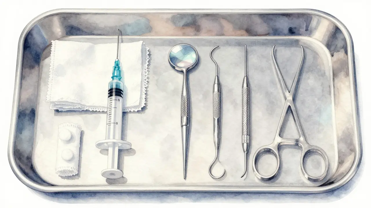 Chirurgické nástroje na extrakci zuba ležící na sterilním podložení