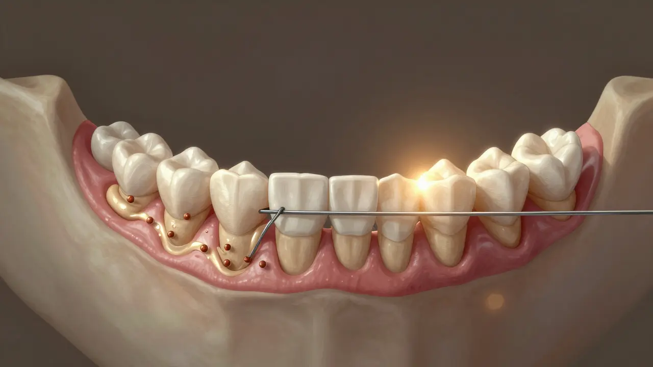 Cross-section of jawbone showing bone resorption and formation under orthodontic wire pressure