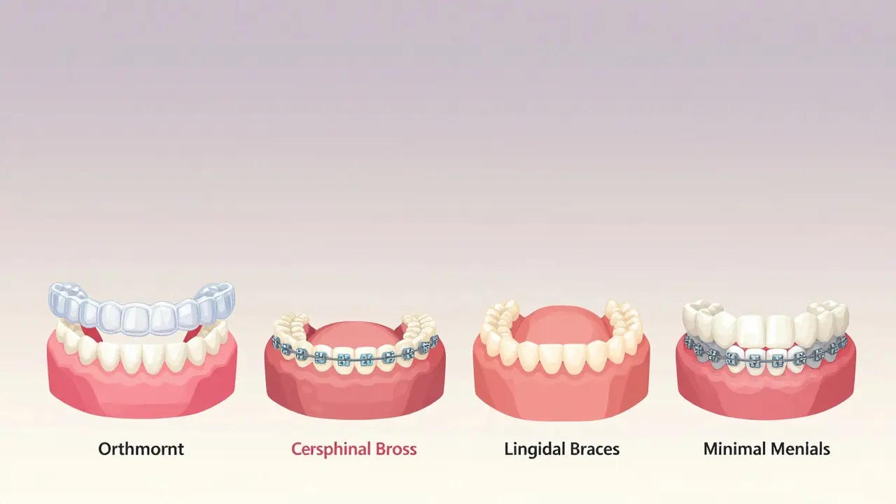 Čtyři typy ortodontických aparátů na předních zubech: alignery, keramické bráčky, langové bráčky a minimální kovové bráčky.