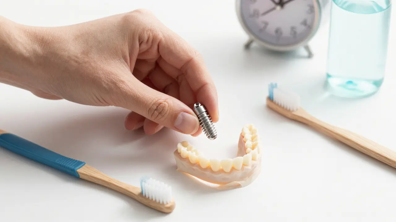 Dental implant with care tools: toothbrush, interdental brush, mouthwash, and night guard on a clean surface.
