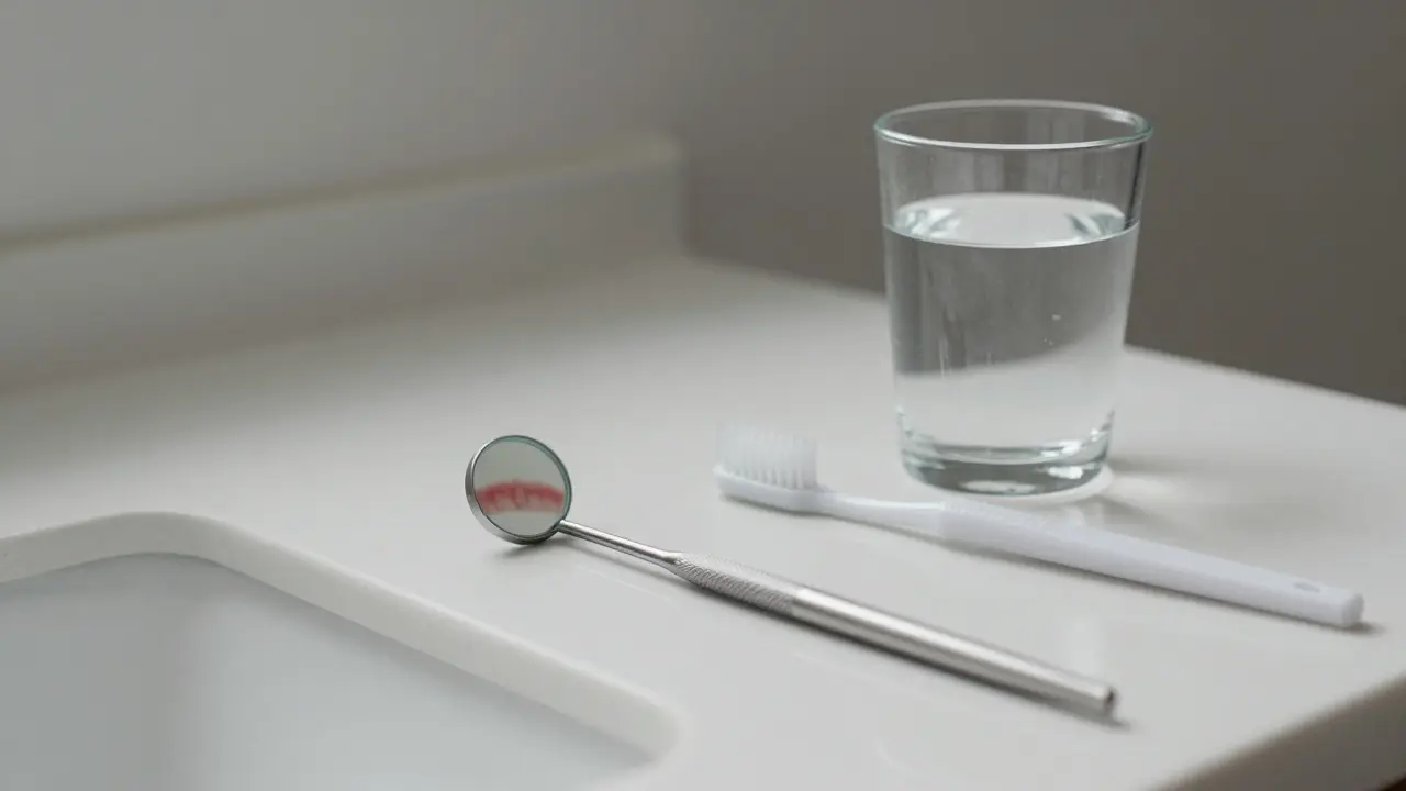 Dentální zrcátko leží na stole vedle solné vody a kartáčku.