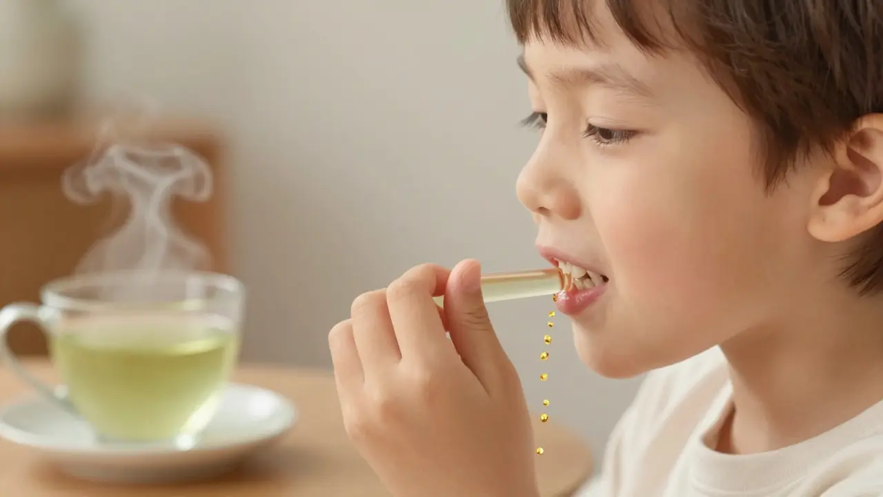 Dítě opolkná ředěný jablečný ocet, z jeho úst se odplavují minerály jako zlaté částice.