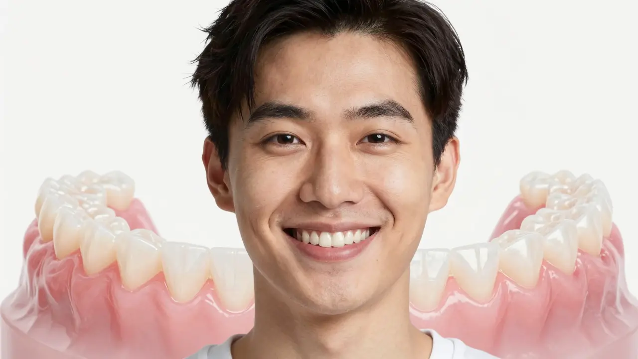 Dospělý člověk se širokým úsměvem nosí téměř neviditelné ortodontické aparáty s přirozeně vyrovnanými zuby.