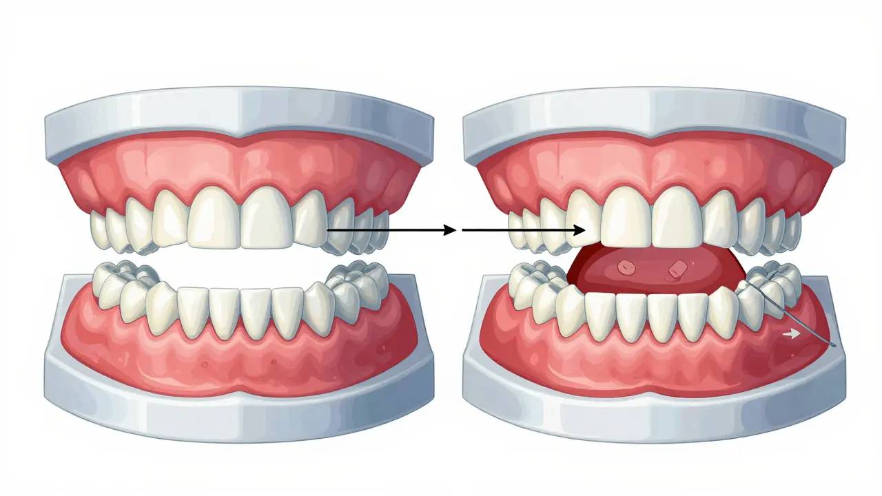 Dvě struktury čelisti: jedna s přirozeným přesunem zubů, druhá s poškozením kosti kvůli příliš rychlému posunu.
