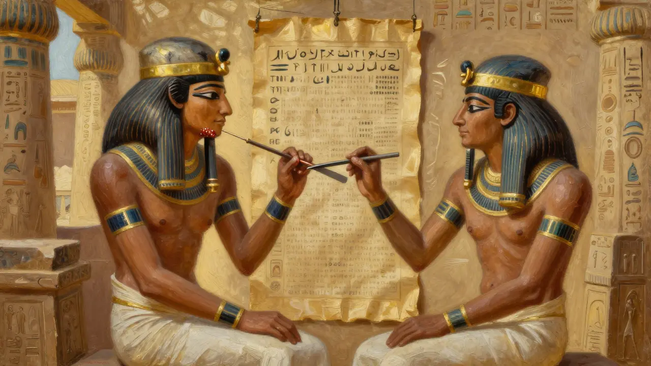 Egyptský lékař odstraňuje nádor z čelisti pomocí kovové brusky, zatímco scribe zaznamenává postup na papyru.