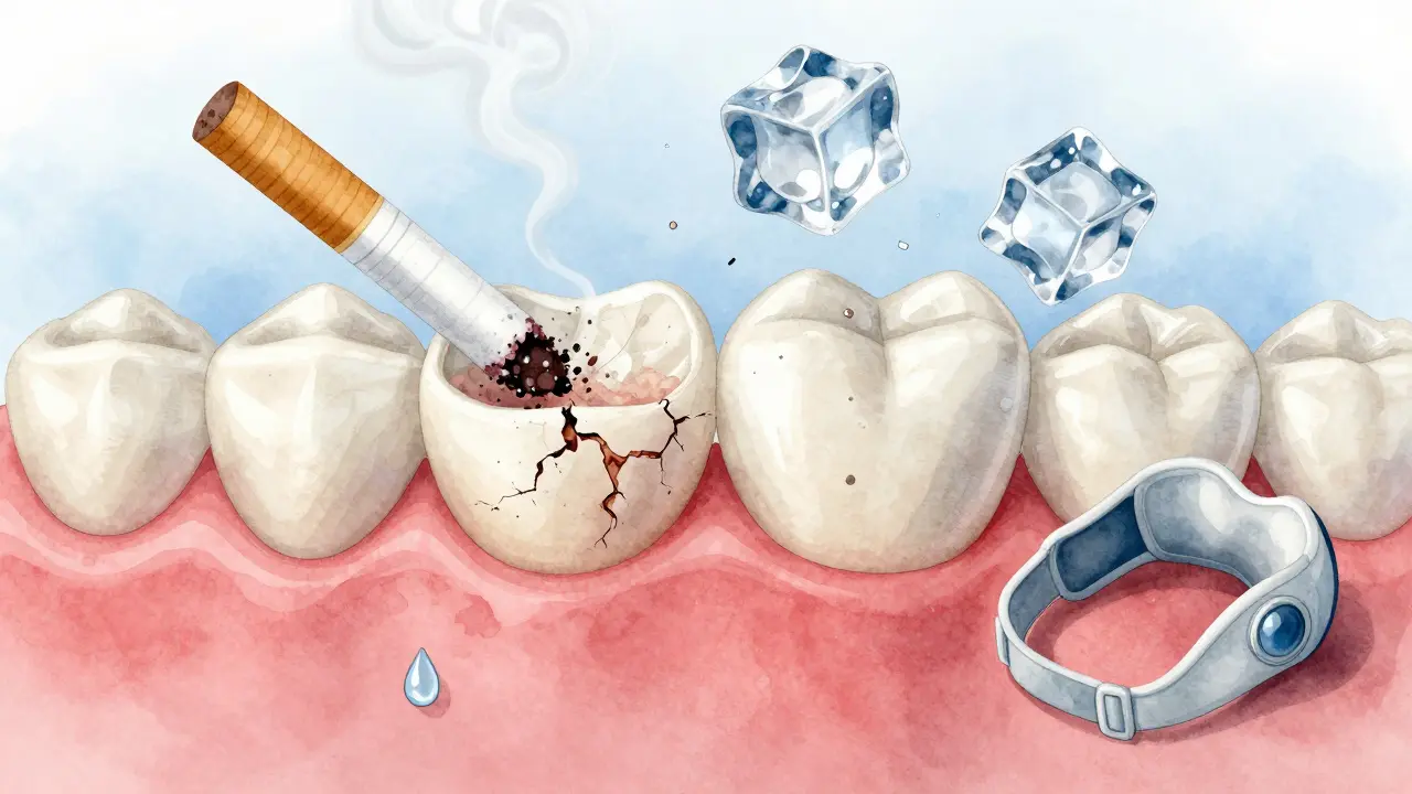Fazeta se začíná odlepovat, pod ní je vidět nános plaku a znaky poškození.