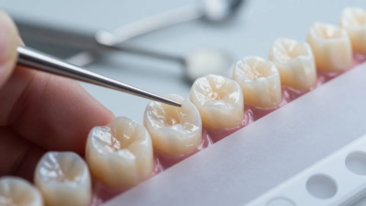 Makro záběr nanášení kompozitního materiálu na zoubek během opravy.