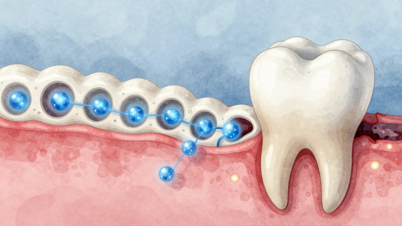 Mikroskopický pohled na remineralizaci zubní skloviny fluoridem.