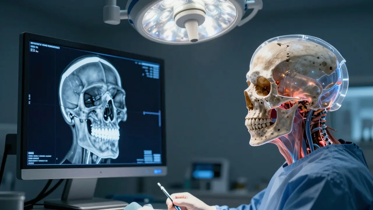 Moderní chirurg s 3D skenem čelisti, kde se překrývá starověká lebka s moderní anatomii v digitálním prostředí.
