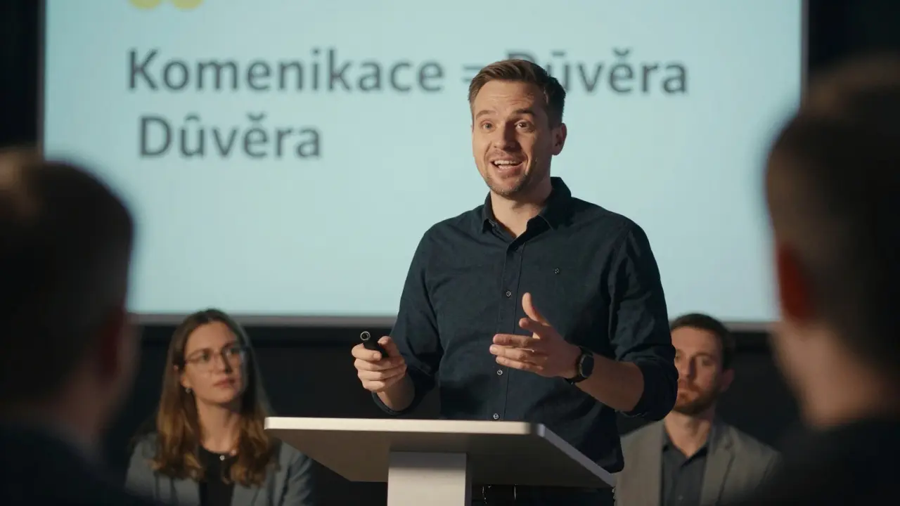 Muž mluví na pódium před publikem, jeho úsměv a postoj vyvolávají důvěru a jistotu.