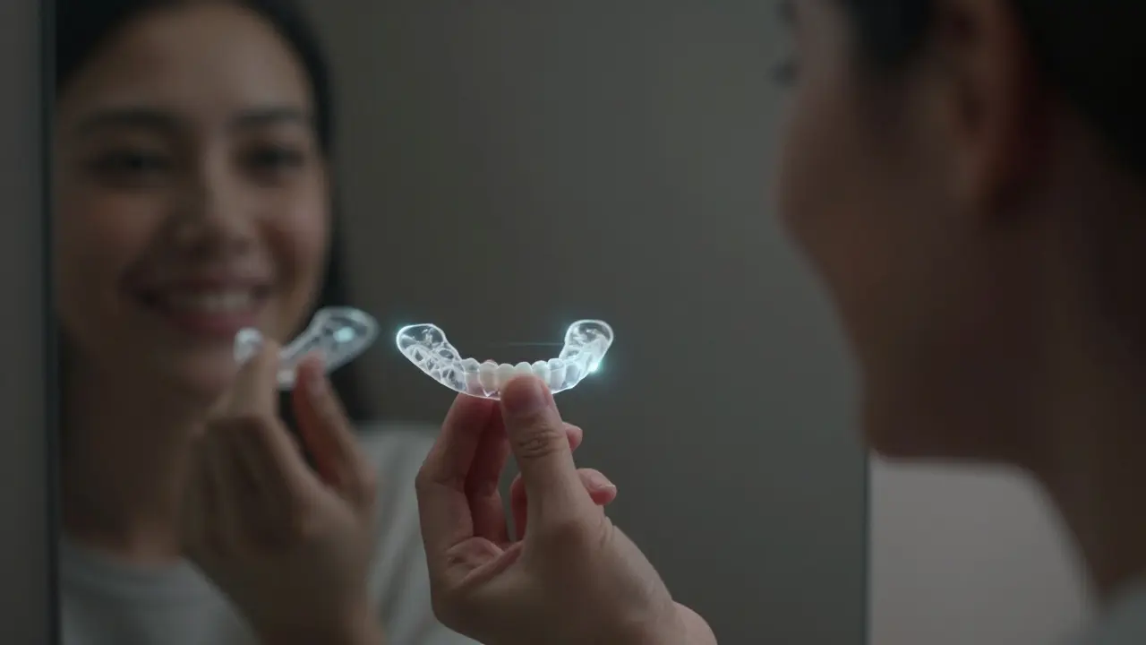 Osoba drží retainer a dívá se do zrcadla, kde jsou vidět čáry symbolizující srovnané zuby.
