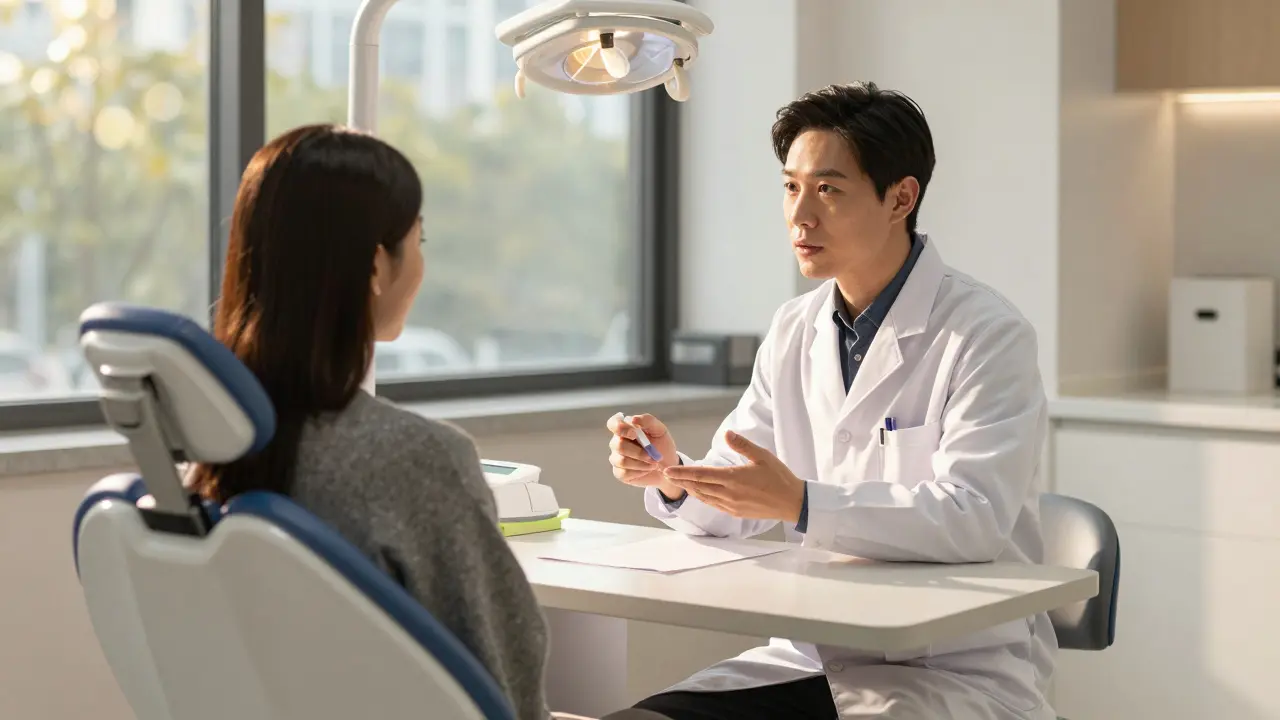 Pacient a zubař probírají plán léčby v klidné ordinaci.