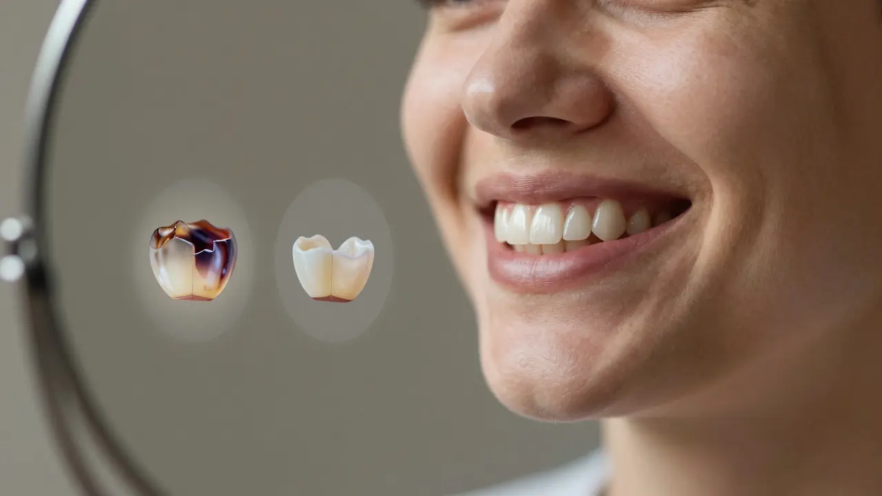 Patient smiling with ceramic fillings, showing hidden comparisons of older filling types.