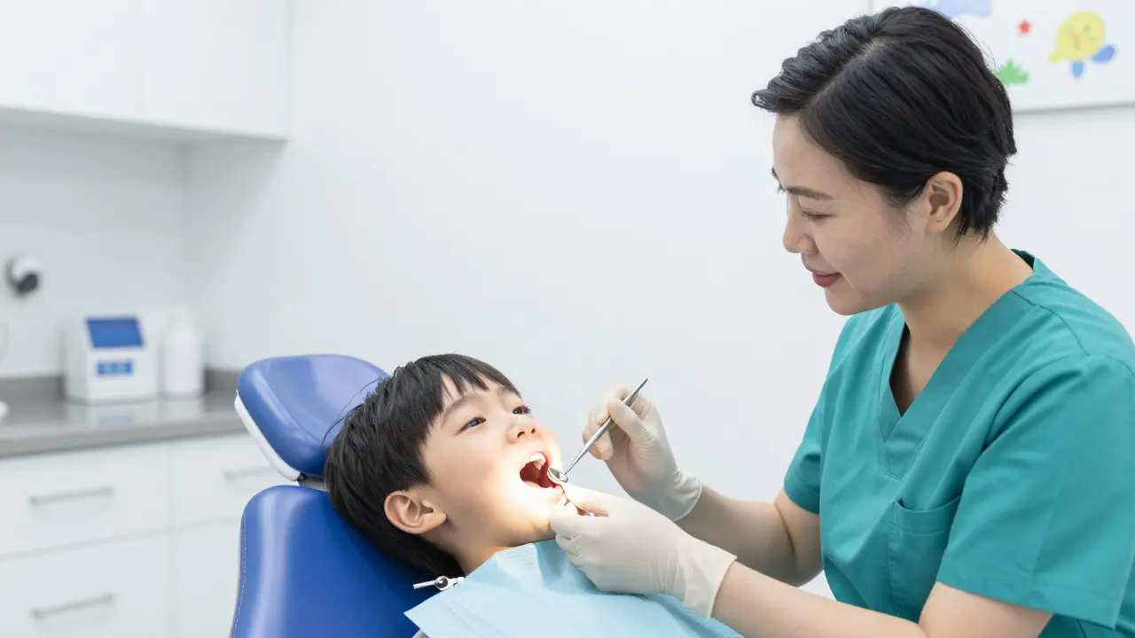 Pediatrický dentista provádí šetrnou kontrolu ústní dutiny malého pacienta.