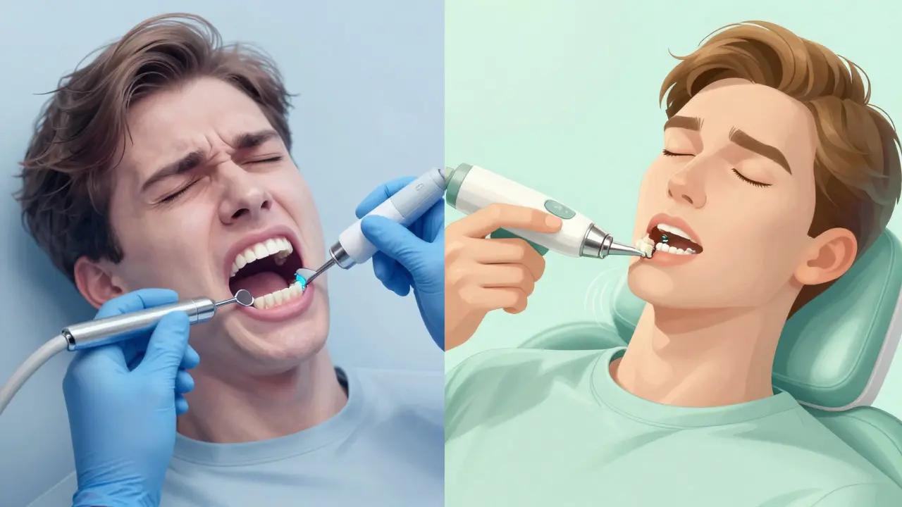 Porovnání bolestivé návštěvy u zubaře a klidného domácího čištění pomocí ultrazvukového čističe.
