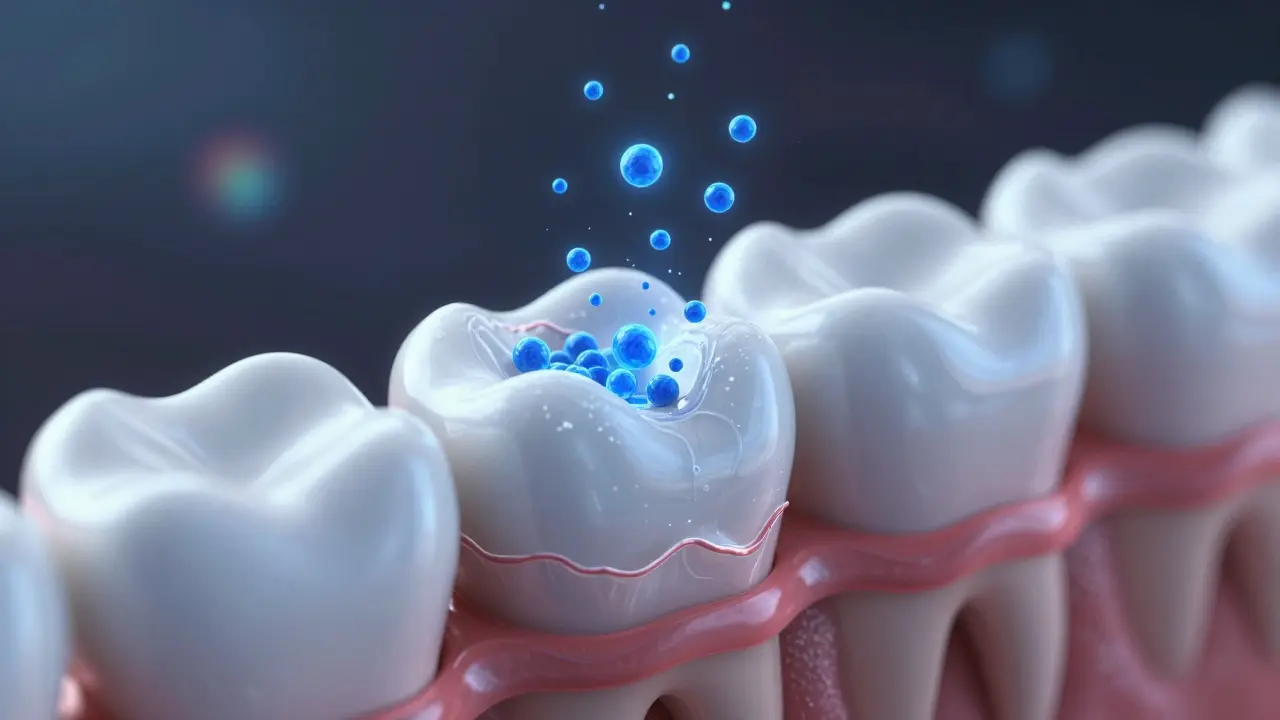 Přehledný průřez zubu s odstraněným cementem a fluoridovými částicemi, které ho obnovují.