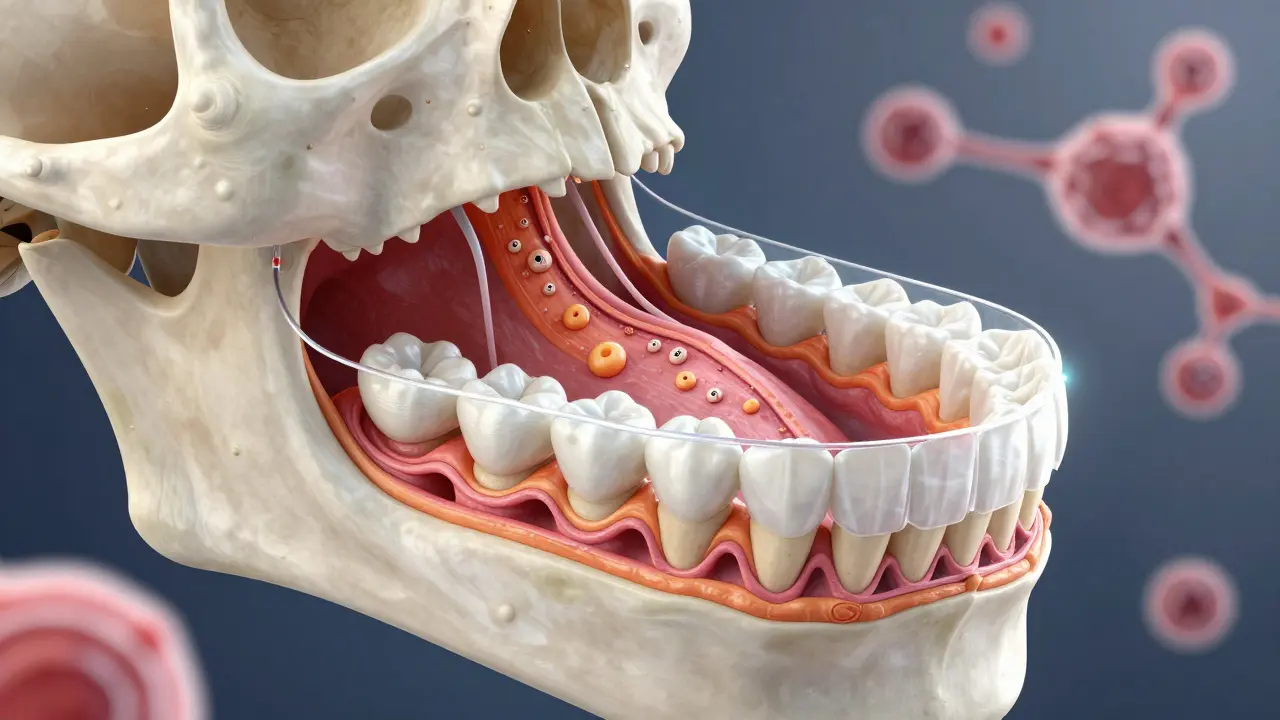 Příčný řez čelistí s regenerující kostí kolem zubů, které jsou postupně vyrovnávány průhlednými aparáty.