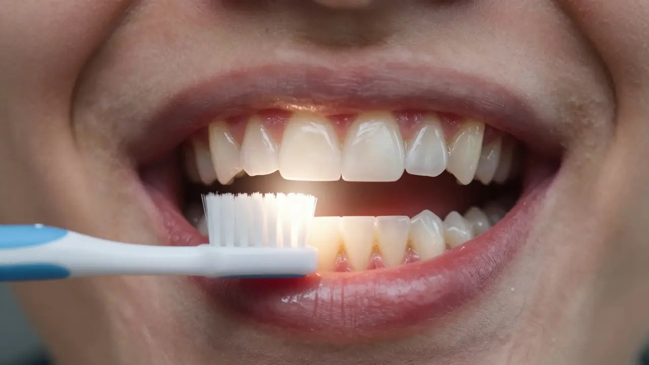 Průhledný pohled na ústní dutinu s čistým mezizubním prostorem a kartáčkem.