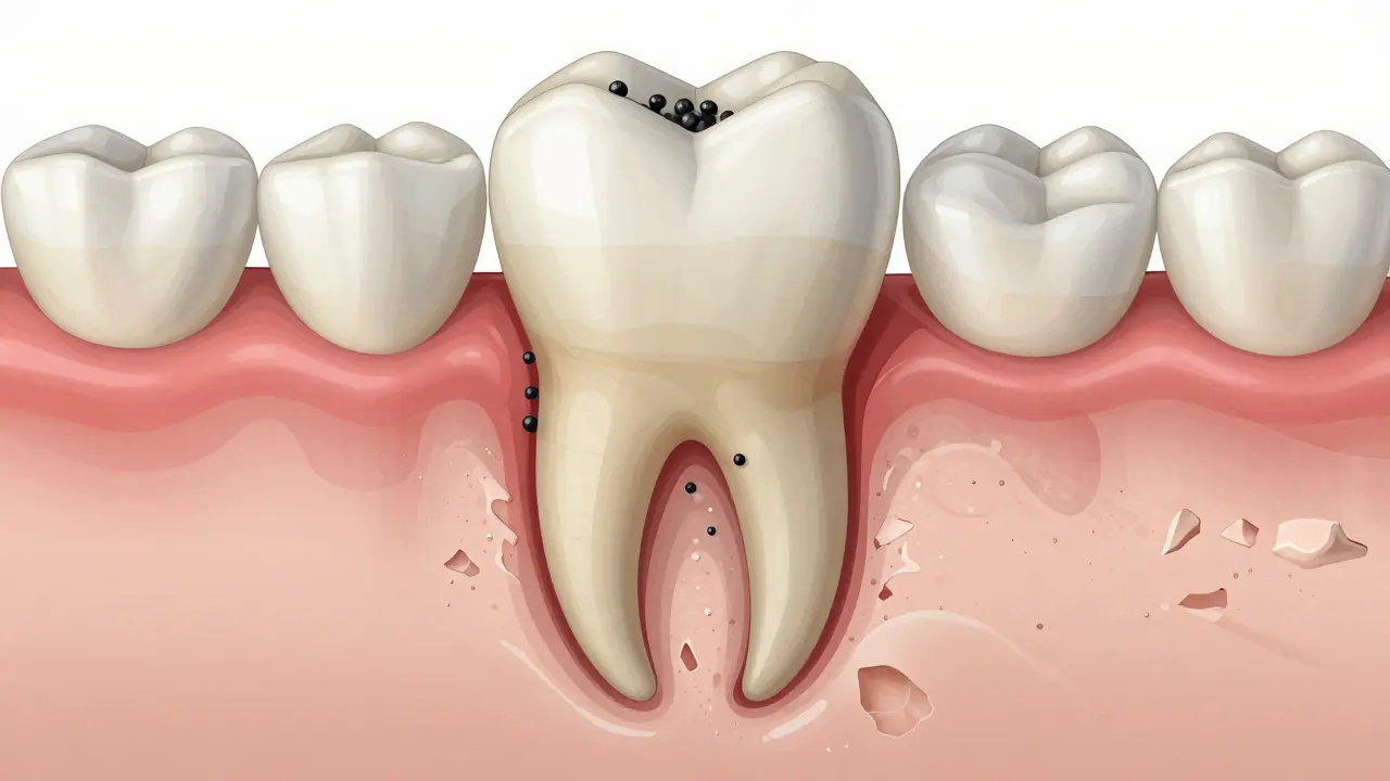 Průřez zubního kořene a křehoucí čelistní kostí pod vlivem kamenů.