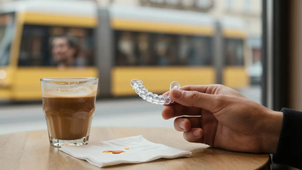 Ruka drží transparentní rovnátka na kavárním stole v Praze, vedle kávy a roztrženého ubrousku.